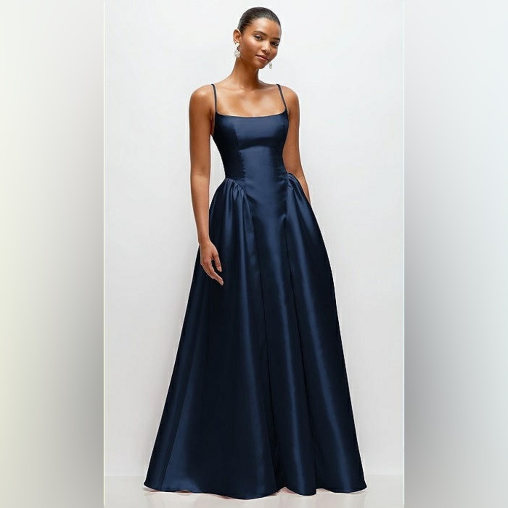 Dessy Collection Navy Satin Spaghetti-Strap Evening Gown